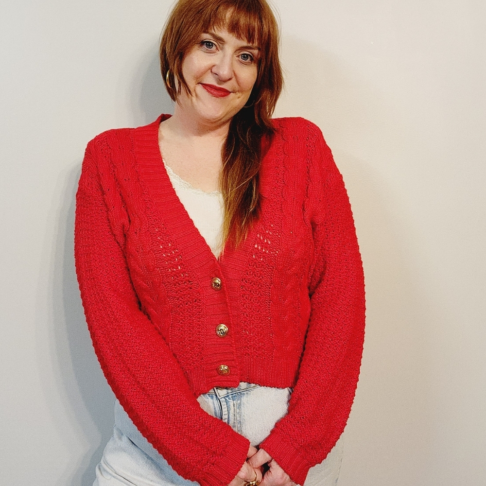 80s Red Cotton Loose Cable Knit Cardigan Sweater